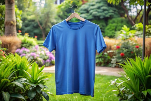 A blue t - shirt hanging on a clothes hanger in a garden photo