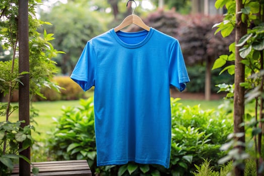 Blue t - shirt hanging on a wooden hanger photo