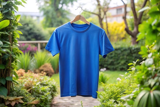 Blue t - shirt hanging on a clothesline in a garden photo