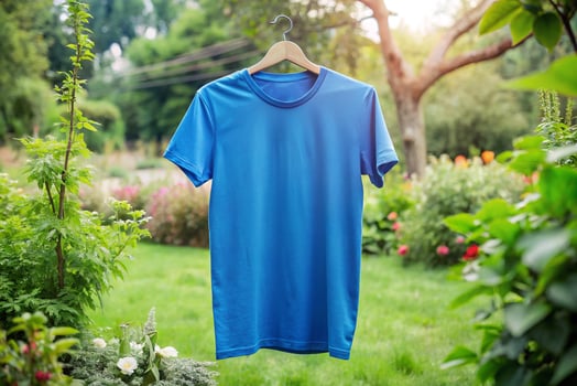 Blue t - shirt hanging on a clothesline in the garden photo