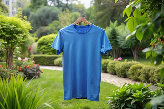 Blue t - shirt hanging on a clothesline in the garden photo