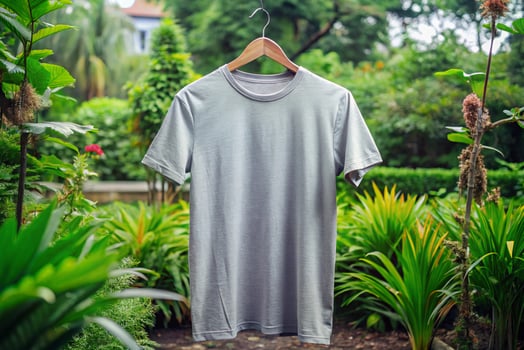 Grey t - shirt hanging on a hanger in front of green plants photo