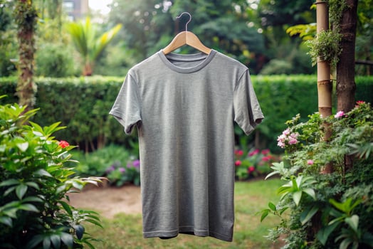 Grey t - shirt hanging on a hanger in the garden photo