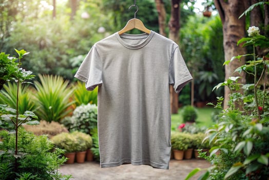 Grey t - shirt hanging on a hanger in the garden photo