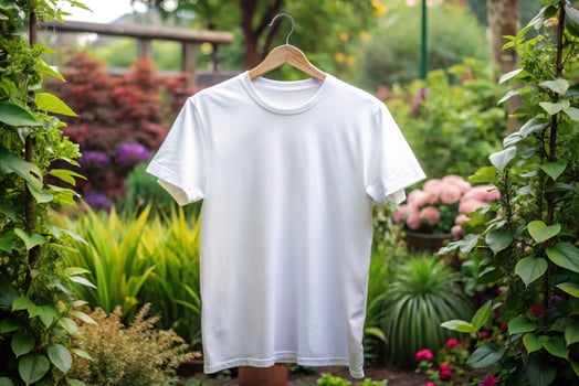 White t - shirt hanging on a hanger in a garden photo