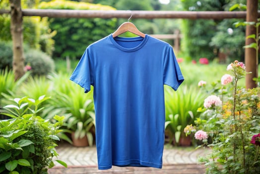 A blue t - shirt hanging on a wooden hanger photo