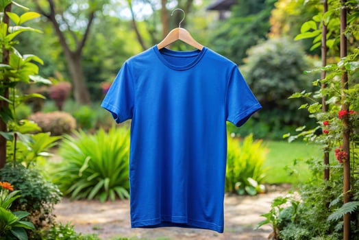 Blue t - shirt hanging on a clothesline in the garden photo
