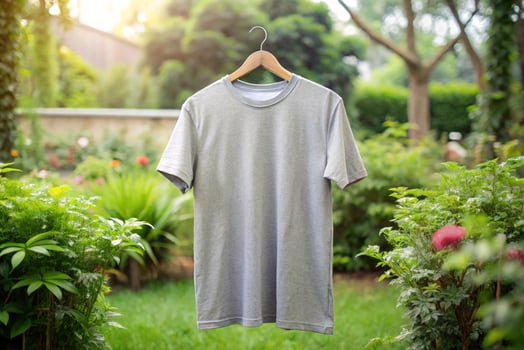 Grey t - shirt hanging on a clothesline in the garden photo