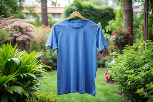 A blue t - shirt hanging on a clothes hanger in a garden photo