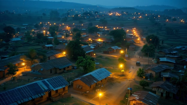An aerial view of a village lit up by solarpowered streetlights promoting safety and community development photo