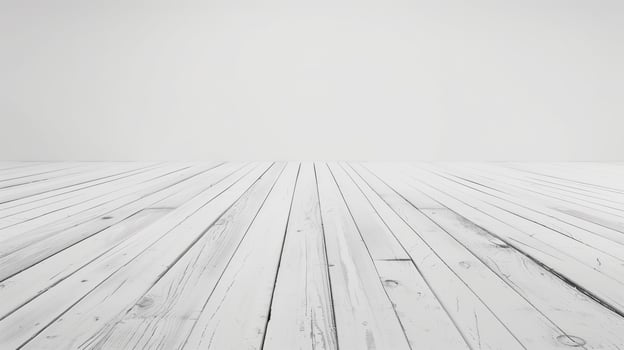 Elegant white wooden floor creates stunning perspective as it stretches from the wall. Minimalist design enhanced by the light and texture of aged planks. Perfect setting for artistic projects photo