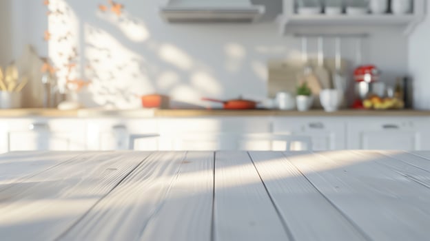 Blurred kitchen background with empty wooden tabletop for product display montage photo