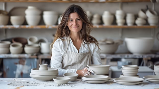 Woman potter happily sits at her workbench in her pottery studio, surrounded by her handcrafted ceramic dishware photo