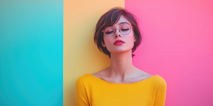 Fashionable woman in vibrant tri-color background with stylish glasses and yellow outfit photo