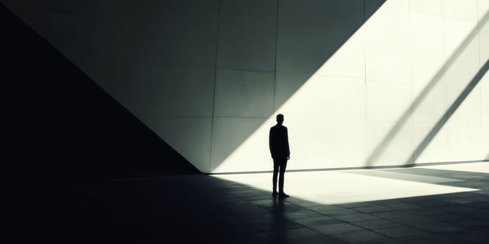 Silhouette of person standing in dramatic light and shadow play in modern architectural space photo