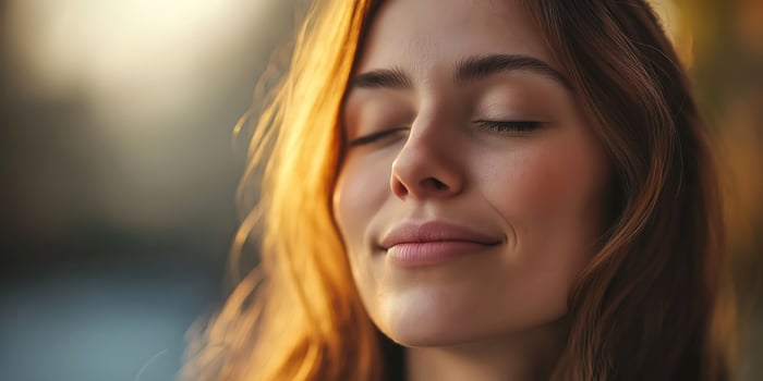 Blissful woman enjoying nature with sunlit glowing hair photo