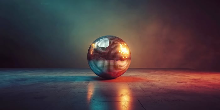 Colorful disco ball reflecting light on wooden dance floor in dramatic lighting photo