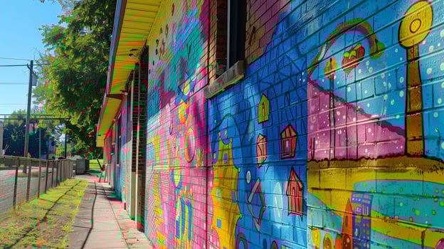 A colorful and vibrant mural on the side of a building showcasing the positive impact of the solar energy cooperative in the neighborhood photo