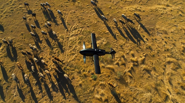 A drones shadow gliding over a herd of grazing animals while its solar panels silently power its flight photo