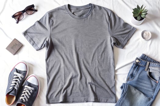 A gray t - shirt, jeans, sneakers and sunglasses on a white bed photo