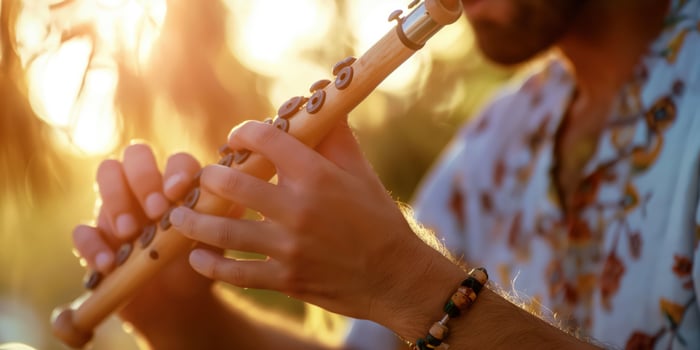 Close-Up of Man Playing Wooden Flute Outdoors at Sunset photo