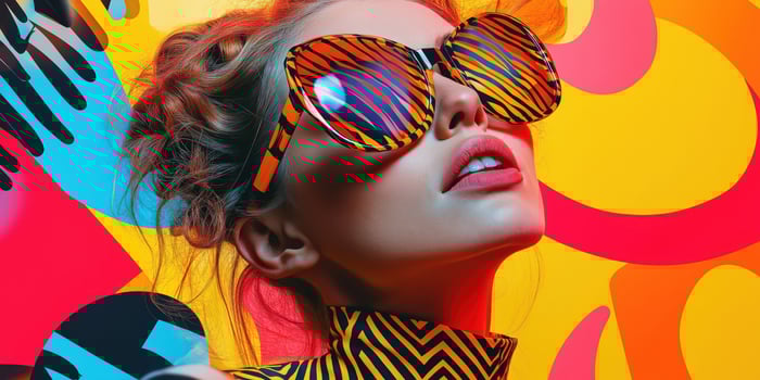 Bright Fashion Portrait of Woman with Patterned Sunglasses Against Colorful Abstract Background photo