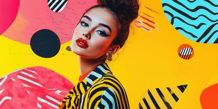 Vibrant Portrait of Stylish Woman Against Bold Abstract Art Background in Bright Colors photo