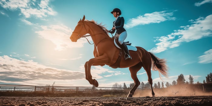 Female Equestrian Riding Horse at Outdoor Arena during Sunset photo