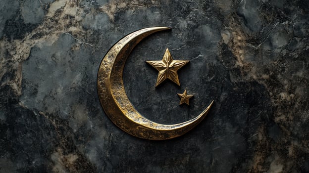 Crescent moon and star symbol on a dark marble gravestone. photo