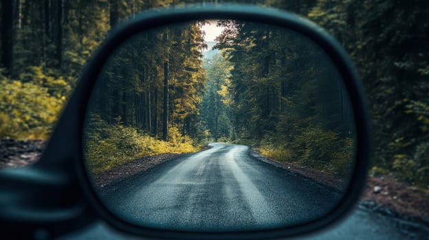 Reflection of the road scene in a mirror, showing the landscape. photo