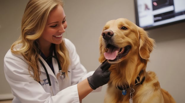 Happy Veterinarian Helping a Golden Retriever photo