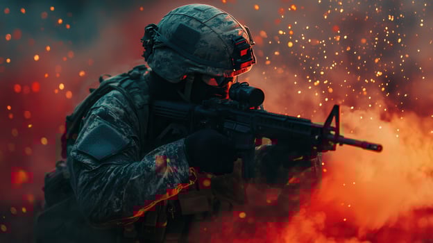 A soldier actively engaged in action during a mission. photo