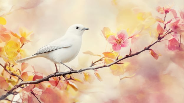 White Bird Resting on a Branch Amidst Pink and Yellow Blooms photo