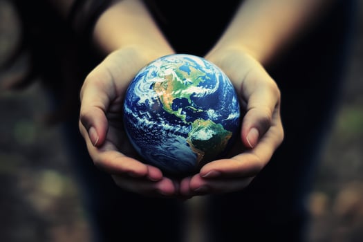 Female hands holding the world in her hands. AI generate photo