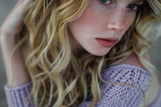 Young woman with freckles touching her blond hair photo