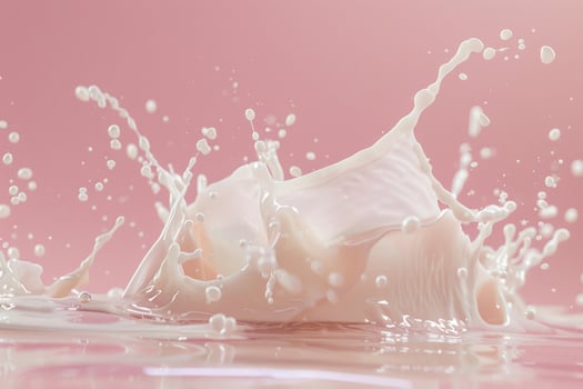 Milk splashing and creating bubbles on pink background photo