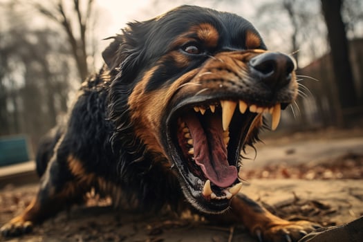 aggressive dog with mouth open and teeth bared, showing its teeth photo