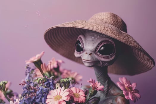 portrait in retro colors beautiful UFO alien with big black eyes in hat with bouquet of flowers on purple background photo