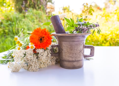 Medicinal herbs. Bright summer flowers in brass mortar. photo