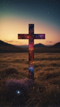 A cross is standing in the middle of a field of stars. photo
