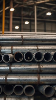 Closeup of Stacked Steel Pipes in a Factory. photo