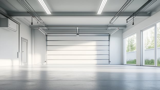 A realistic image of a spacious, empty garage with a clean, open layout. There are no vehicles or items inside. photo