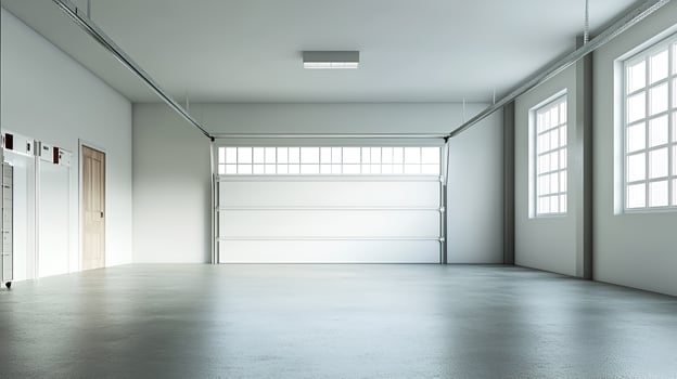 A realistic image of a spacious, empty garage with a clean, open layout. There are no vehicles or items inside. photo