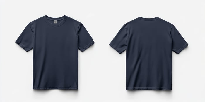 This realistic mockup features a simple and plain navy blue tshirt template that showcases both the front and back views of the shirt, making it ideal for various casual fashion design purposes photo