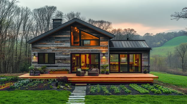 Modern wooden farmhouse with black metal roof nestled in countryside photo