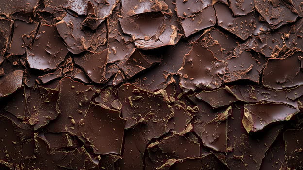 Melted dark chocolate swirls covering chocolate chunks background photo