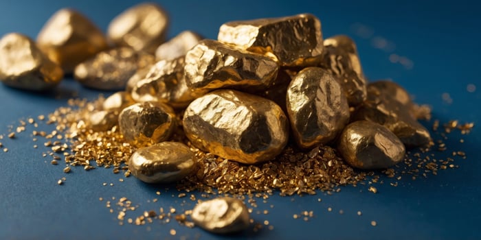 A pile of gold rocks on a blue background. photo