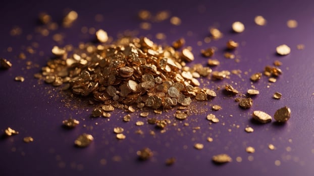 A bunch of gold and purple glitter scattered on a purple background. photo