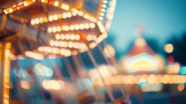 A vibrant and defocused image of a colorful carousel spinning in a lively amusement park, adorned with captivating bokeh lights that twinkle during the enchanting evening hours of the night photo