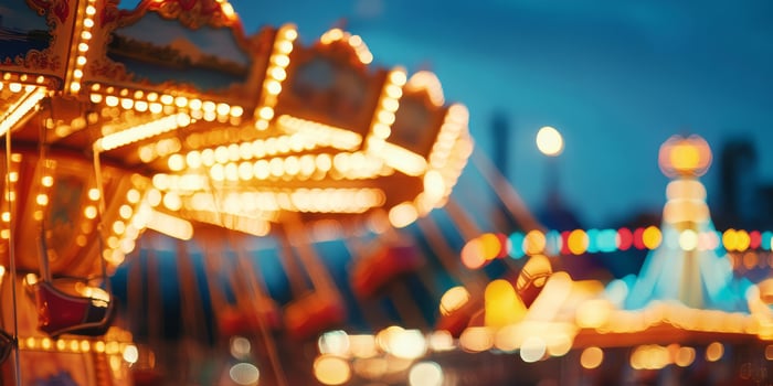 A blurred, enchanting evening scene of a charming carousel at an amusement park, adorned with vibrant bokeh lights, creating a magical atmosphere that captivates the senses and evokes warm feelings photo